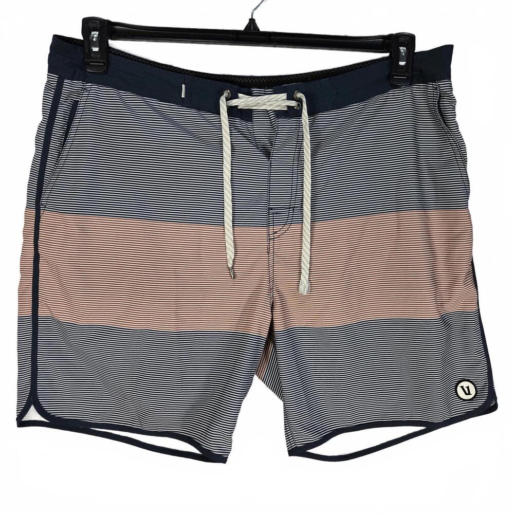 Vuori Cruise Boardshorts Mens 38 Blue Stripe Performance Swim Trunks - READ